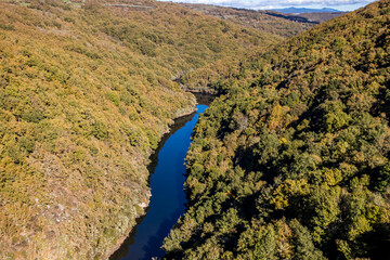 Fototapeta premium Beautiful river flowing through a dense and vast autumn forest. Fragas do río Navea