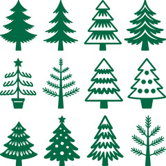 Christmas tree collection, vector illustration. Minimalist design, winter season set. Isolated objects, transparent background
