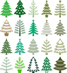 Obraz premium Christmas tree collection, vector illustration. Minimalist design, winter season set. Isolated objects, transparent background