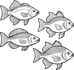 Detailed Fish Line Art Set  Four Hand Drawn Illustrations with Intricate Scales and Fins