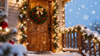 A charming outdoor Christmas scene with a decorated door and wreath, ideal for promoting home decor, winter products, and holiday decorations.