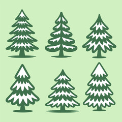Obraz premium Christmas tree collection, vector illustration. Minimalist design, winter season set. Isolated objects, light green background