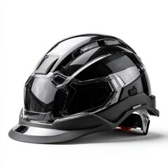 Fototapeta premium Futuristic Black Safety Helmet with Visor on White Background, Protective Gear