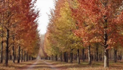 Naklejka premium Autumnal Alley of Trees with Vibrant Red and Yellow Foliage.