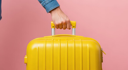 Close up of person holding yellow suitcase handle against pastel pink background, travel and vacation preparation concept