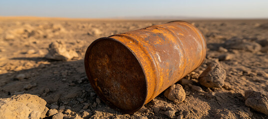 Weathered iron barrel resting in an arid landscape, suggesting themes of abandonment, decay, and the harshness of nature. The scene evokes a sense of isolation.