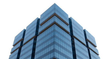 Obraz premium Modern glass skyscraper facade with geometric angles and reflective blue windows, embodying corporate success and architectural innovation.