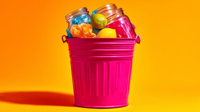 Trash bin filled with reusable objects and glass jars, mindset shift symbol, bright minimal