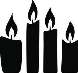 Candle Silhouette Set  Four Burning Candles with Flames on White Background