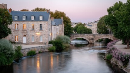 Obraz premium Picturesque Stone Bridge Spanning a Wide River Lined with Historic Buildings and Lush Greenery Under a Soft Sunset Sky