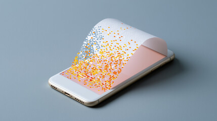 Paper receipt dissolving into digital pixels above phone, no-waste receipt trend, minimal