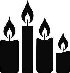 Candle Silhouette Set  Four Burning Candles with Flames on White Background