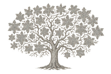 Fototapeta premium Winter tree with textured trunk and branches, showing snowflakes replacing leaves, symbolizing cold weather and the season