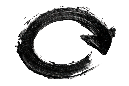 Black painted arrow circle indicating recycle, refresh, return or replay using a grunge or brush style on a transparent background