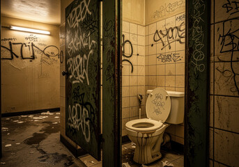 Urban decayed public restroom with graffiti covered walls, dirty floor, and exposed plumbing under harsh fluorescent lighting
