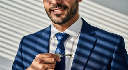 Confident businessman in formal suit holding a key, symbolizing success and new opportunities in a modern professional setting