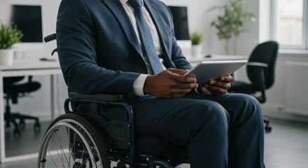 Professional businessman in a wheelchair using a digital tablet in a modern office environment, focusing on inclusive workplace innovation