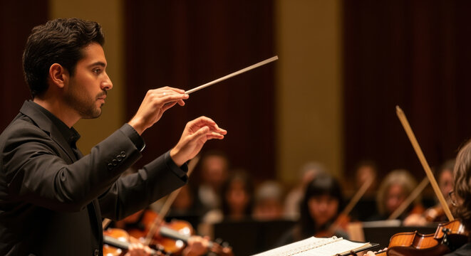 Talented male conductor leads symphony orchestra performance with musicians playing string instruments in a grand concert hall
