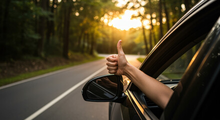 Person giving thumbs up gesture from car window along empty forest road at sunrise with sunlight streaming through trees