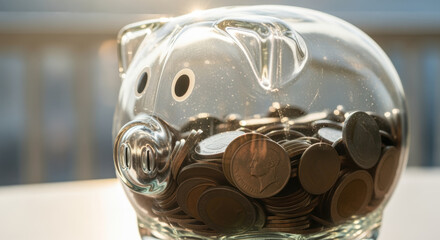 Clear glass piggy bank filled with assorted coins sits on a bright surface, symbolizing savings, investments, and financial security