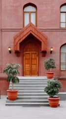 Red Brick Monastery Entrance with Ornate Wooden Doors and Stone Steps Lined by Potted Trees Under Daylight Illumination