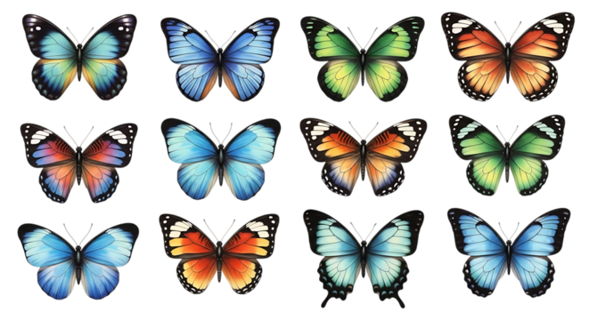 Twelve colorful butterflies with detailed wings in a grid arrangement, isolated on a white or transparent background, cutout, PNG