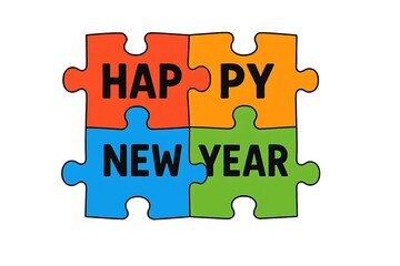 Puzzle pieces fitting together to form the happy new year.