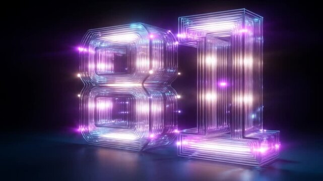 Neon numbers 81 illuminated on dark background futuristic design