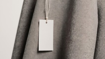 Blank White Tag Hanging on a Textured Gray Fabric Background.