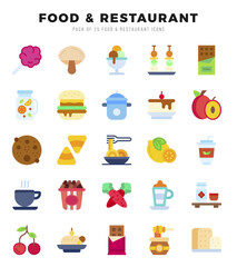 Set of simple Flat Food and Restaurant Icons. Flat art icons pack.