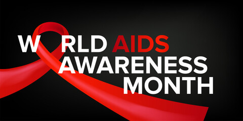 World AIDS awareness month banner with red ribbon. World HIV awareness month starts in December. Red ribbon with text isolated on grey background. World AIDS Day December 1st