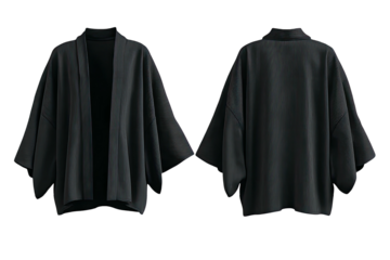 Two dark, wide-sleeved jackets on a black background