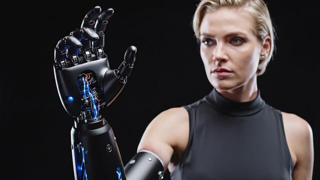 Young woman with cybernetic arm posing in black top. Bionic prosthetic limb attachment on shoulder. Human machine interface technology demonstration footage