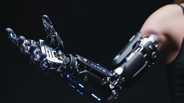 Young woman flexing cybernetic prosthetic arm. Robotic hand movements with blue glow. Futuristic human augmentation and sci-fi technology footage