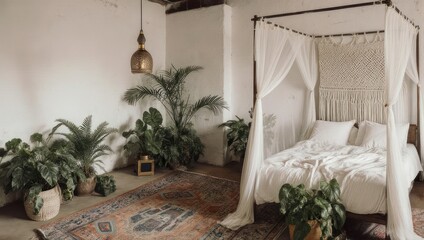 Bohemian Bedroom Oasis - Canopy Bed and Lush Indoor Plants.