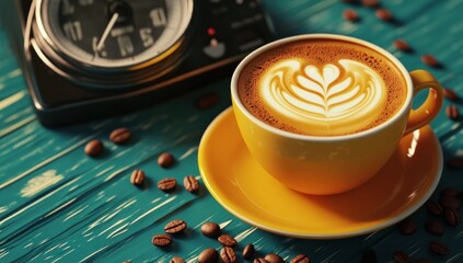 Morning Ritual, Latte Art and Coffee Beans on Rustic Blue Table