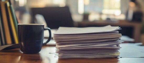 Aromatic productivity, office scene with coffee, documents and laptop