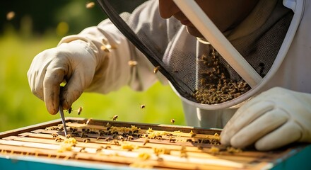 Beekeeper inspecting a beehive frame with bees, close-up view.