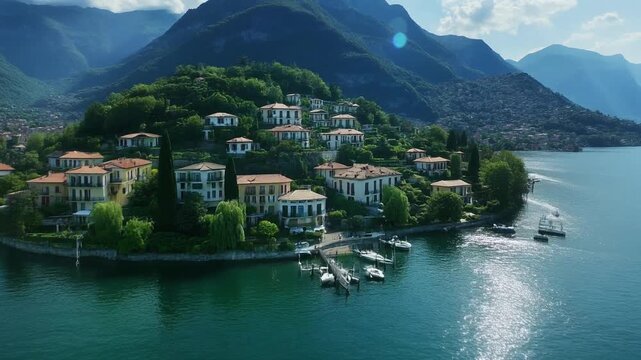 Aerial drone shot over Lake Como, surrounded by lush mountains and elegant villas, sunlight reflecting off the water, luxury travel aesthetic