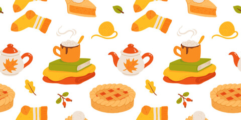 Seamless cozy autumn pattern with fall hygge elements. Pumpkin sweater, tea, candle, pie, socks, book, honey, acorns, leaves, and teapot. Warm fall vibes in flat vector cartoon illustration