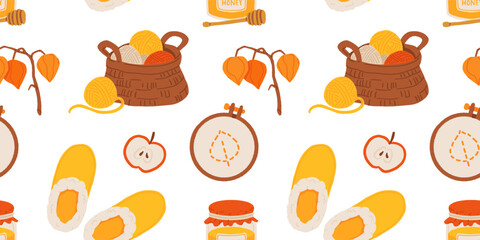 Seamless cozy autumn pattern with fall hygge elements. Pumpkin sweater, tea, candle, pie, socks, book, honey, acorns, leaves, and teapot. Warm fall vibes in flat vector cartoon illustration