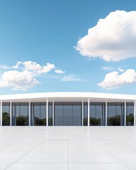 Obraz premium Modern white building with large glass windows and reflecting trees set against a blue sky with white clouds