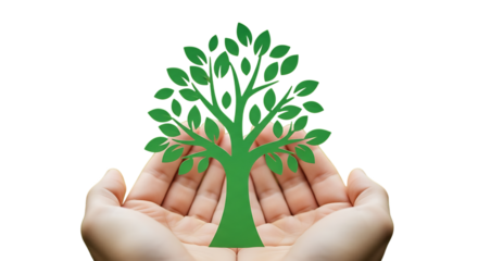 Green paper tree with leaves held gently in cupped human hands, isolated on a white or transparent background, cutout, PNG