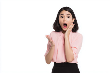 Surprised young Asian woman with open mouth wearing pink blouse isolated on white background expressing shock or amazement