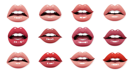 Collection of twelve glossy lips in various shades of pink and red, isolated on a white or transparent background, cutout, PNG