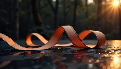 Silk ribbon unrolling on black reflective surface in warm golden light for elegance blogs, jewelry websites, gift cards, luxury brand visuals