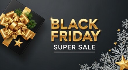Black friday super sale banner with gift box and snowflakes on dark background