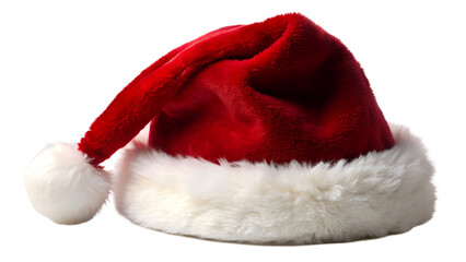Festive red santa claus hat with white fur trim isolated on transparent background, a classic symbol of christmas and holiday cheer