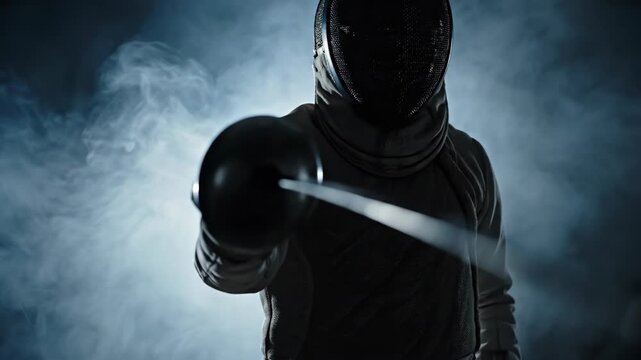 Silhouette fencer standing ready before lunging strike with foil in misty setting. Dramatic fencing motion sequence showcasing athlete's precision and speed in sports silhouette footage.