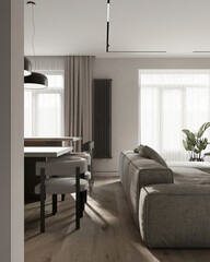 Modern open-plan living and dining room with neutral tones, soft light, and minimal decor. Cozy home interior design.